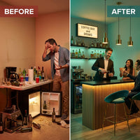 Home Bar Built to Serve Espresso and Cocktails, Matte Black Stone Top, Illuminated Wood Facade, Refrigeration — Before & After