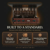 Home Bar Built to Serve Espresso and Cocktails, Matte Black Stone Top, Illuminated Wood Facade, Refrigeration — Results & Stats