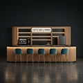 Home Bar Built to Serve Espresso and Cocktails, Matte Black Stone Top, Illuminated Wood Facade, Refrigeration