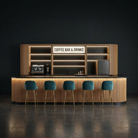 Home Bar Built to Serve Espresso and Cocktails, Matte Black Stone Top, Illuminated Wood Facade, Refrigeration — Studio Shot