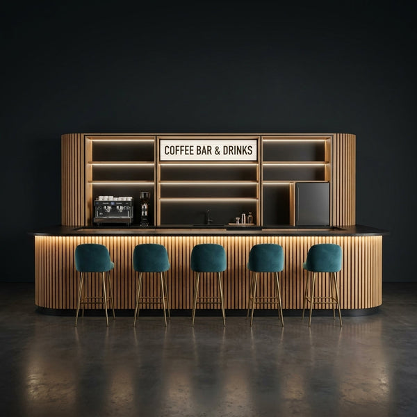 Home Bar Built to Serve Espresso and Cocktails, Matte Black Stone Top, Illuminated Wood Facade, Refrigeration — Studio Shot