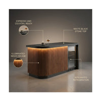 Home Bar Built to Serve Espresso and Cocktails, Matte Black Stone Top, Illuminated Wood Facade, Refrigeration — infographic