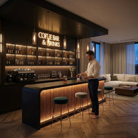 Home Bar Built to Serve Espresso and Cocktails, Matte Black Stone Top, Illuminated Wood Facade, Refrigeration — Lifestyle
