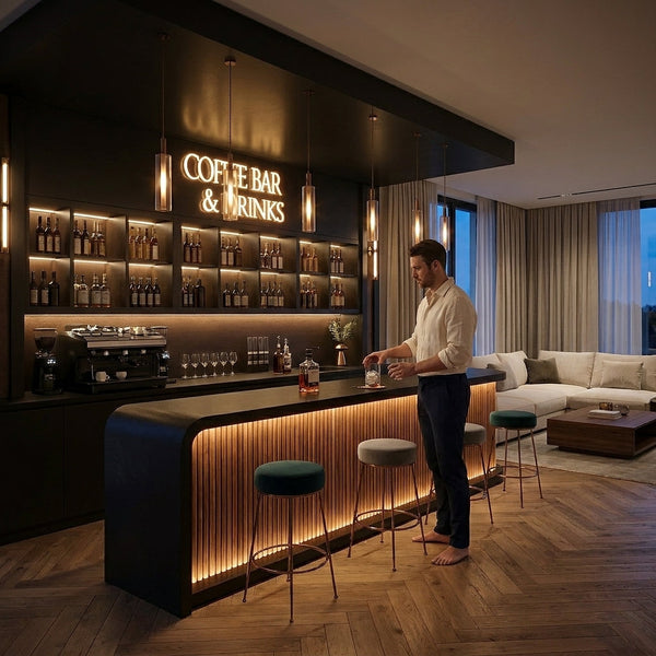Home Bar Built to Serve Espresso and Cocktails, Matte Black Stone Top, Illuminated Wood Facade, Refrigeration