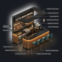 Home Bar Built to Serve Espresso and Cocktails, Matte Black Stone Top, Illuminated Wood Facade, Refrigeration — How It Works