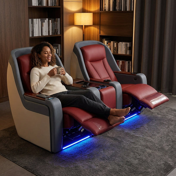 Home Theater Recliners Built for Ultimate Comfort, Italian Leather, LED Lighting, Wireless Charging