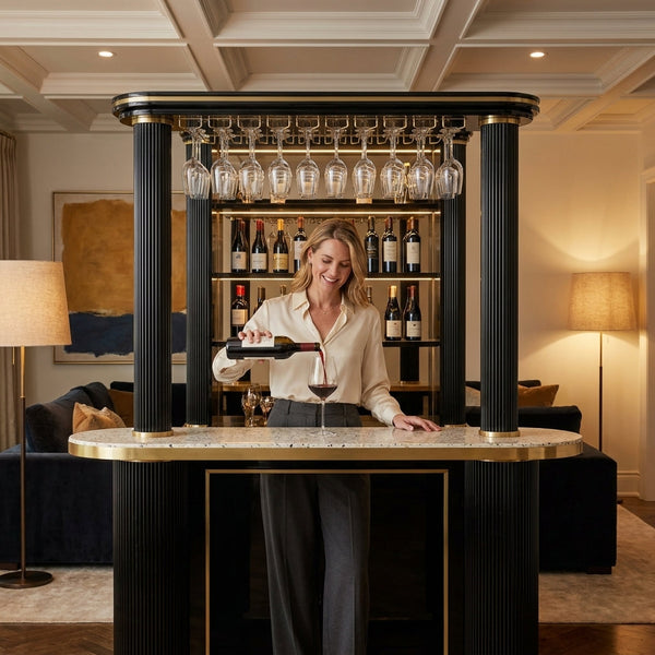 Home Island Bar Built for Entertaining, Piano Black Lacquer, Terrazzo Countertop, Brass Inlays, Stemware Rack
