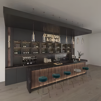 Home Bar Built to Serve Espresso and Cocktails, Matte Black Stone Top, Illuminated Wood Facade, Refrigeration