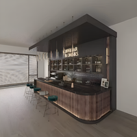 Home Bar Built to Serve Espresso and Cocktails, Matte Black Stone Top, Illuminated Wood Facade, Refrigeration