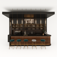Home Bar Built to Serve Espresso and Cocktails, Matte Black Stone Top, Illuminated Wood Facade, Refrigeration